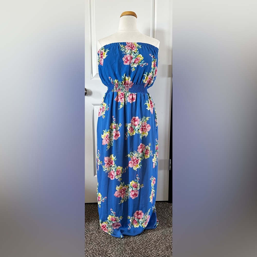Made in USA Floral Strapless Maxi Dress | Blue Sheer Layers | Women’s 2XL